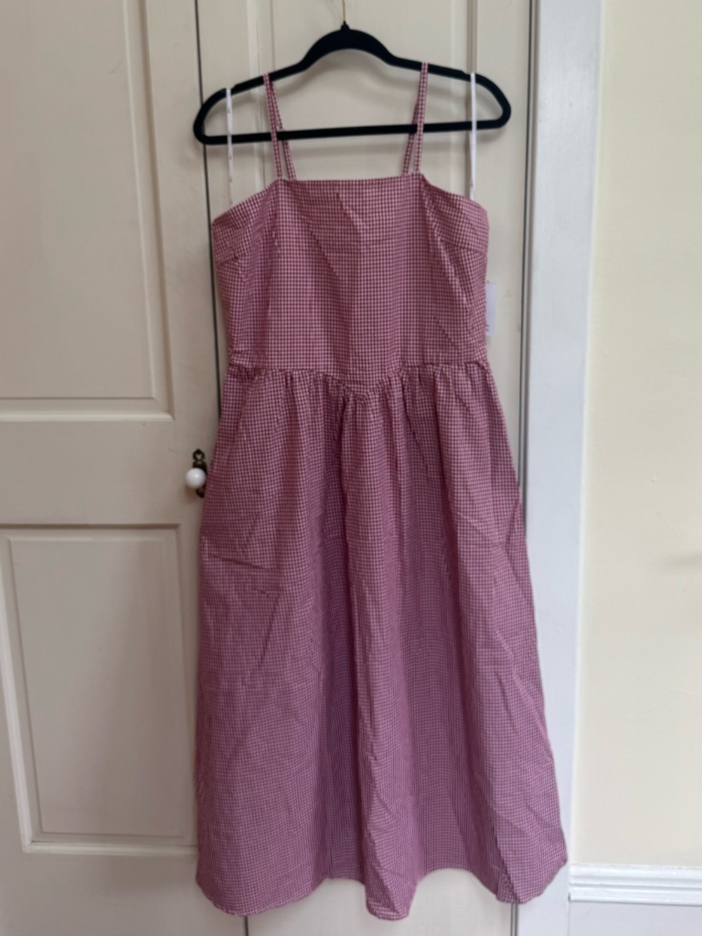 Japna Red Gingham Midi Dress NWT L Smocked Back Cotton Pockets Cottagecore